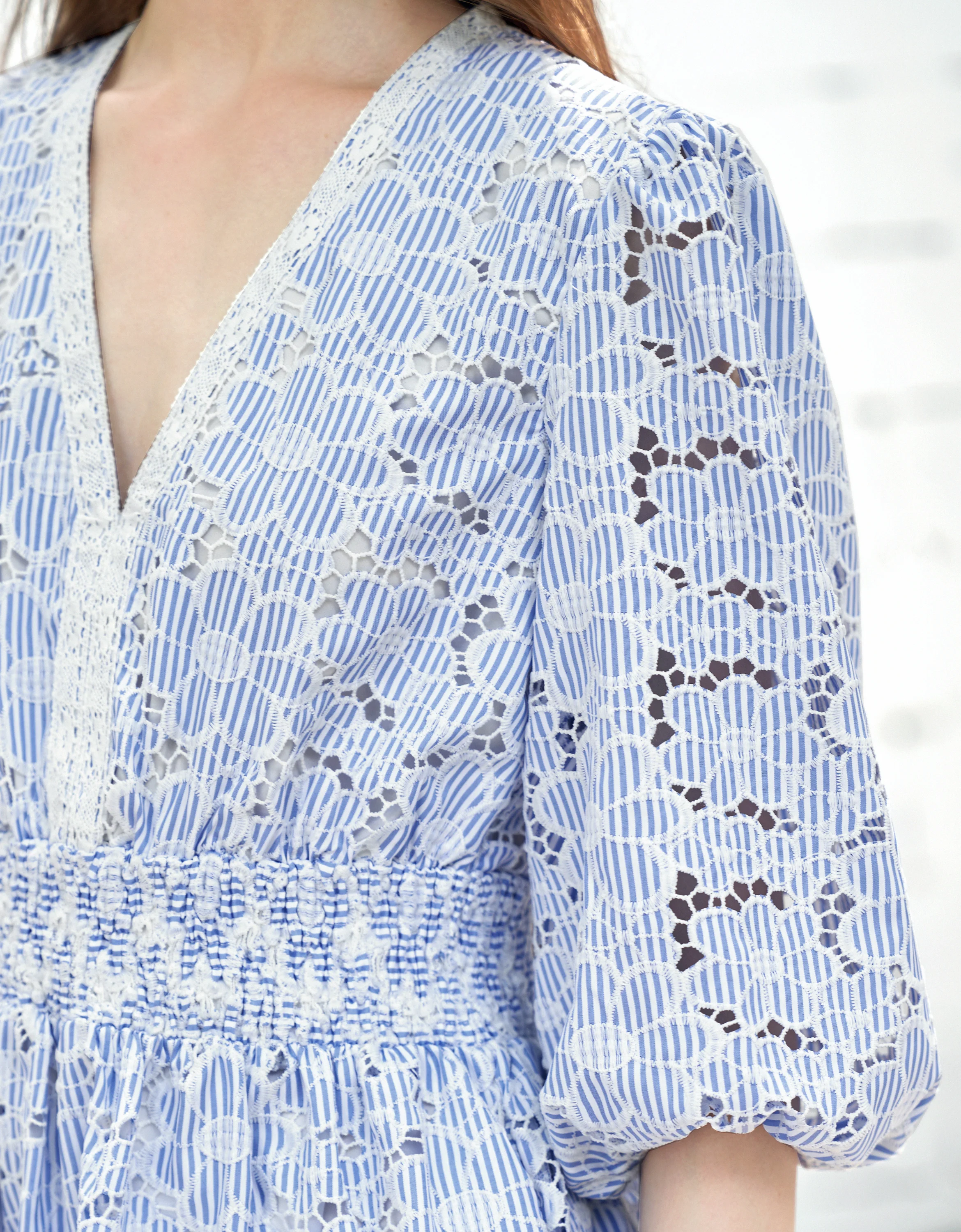 Striped Floral Embroidery V-neck Dress - Image 10