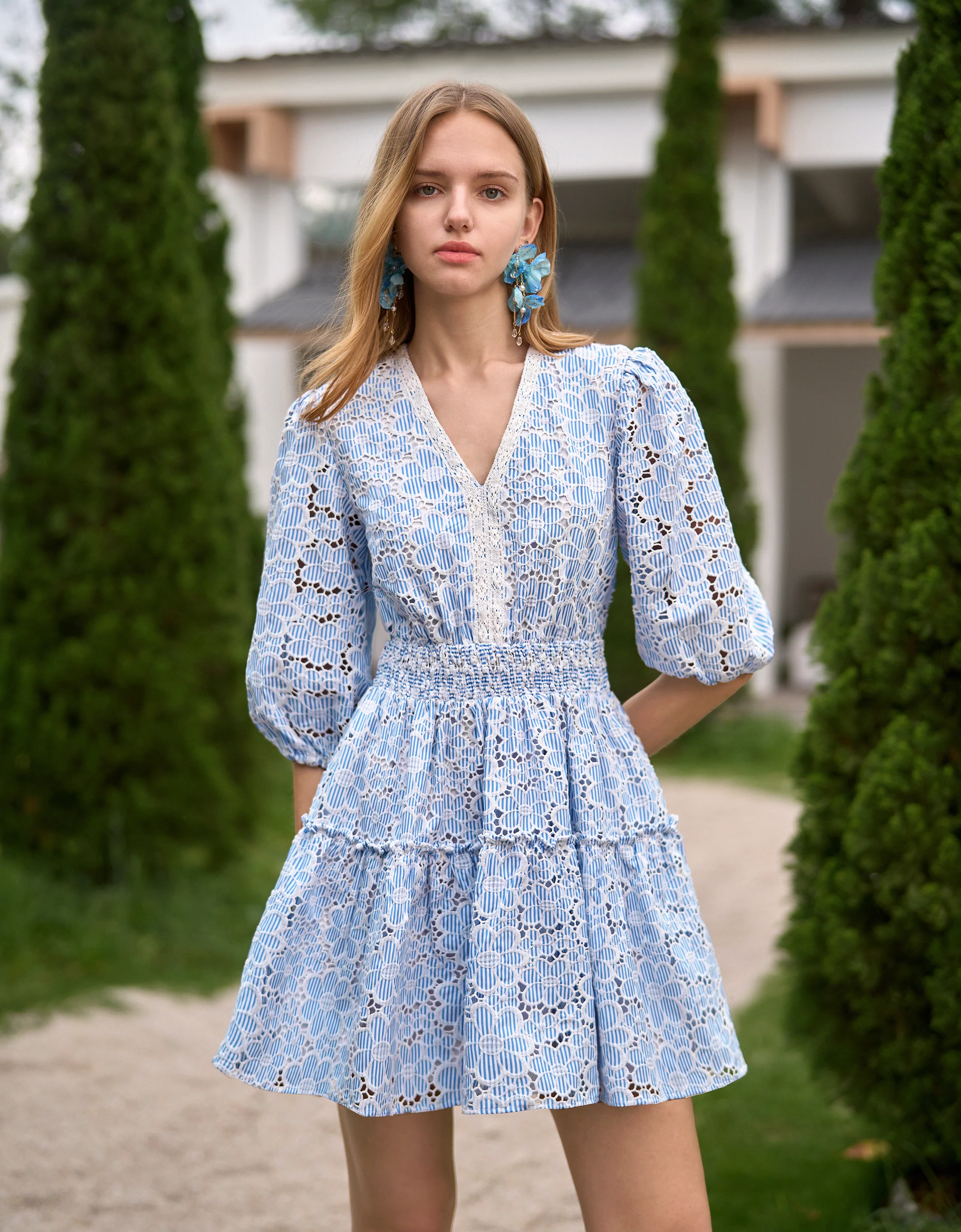 Striped Floral Embroidery V-neck Dress - Image 3