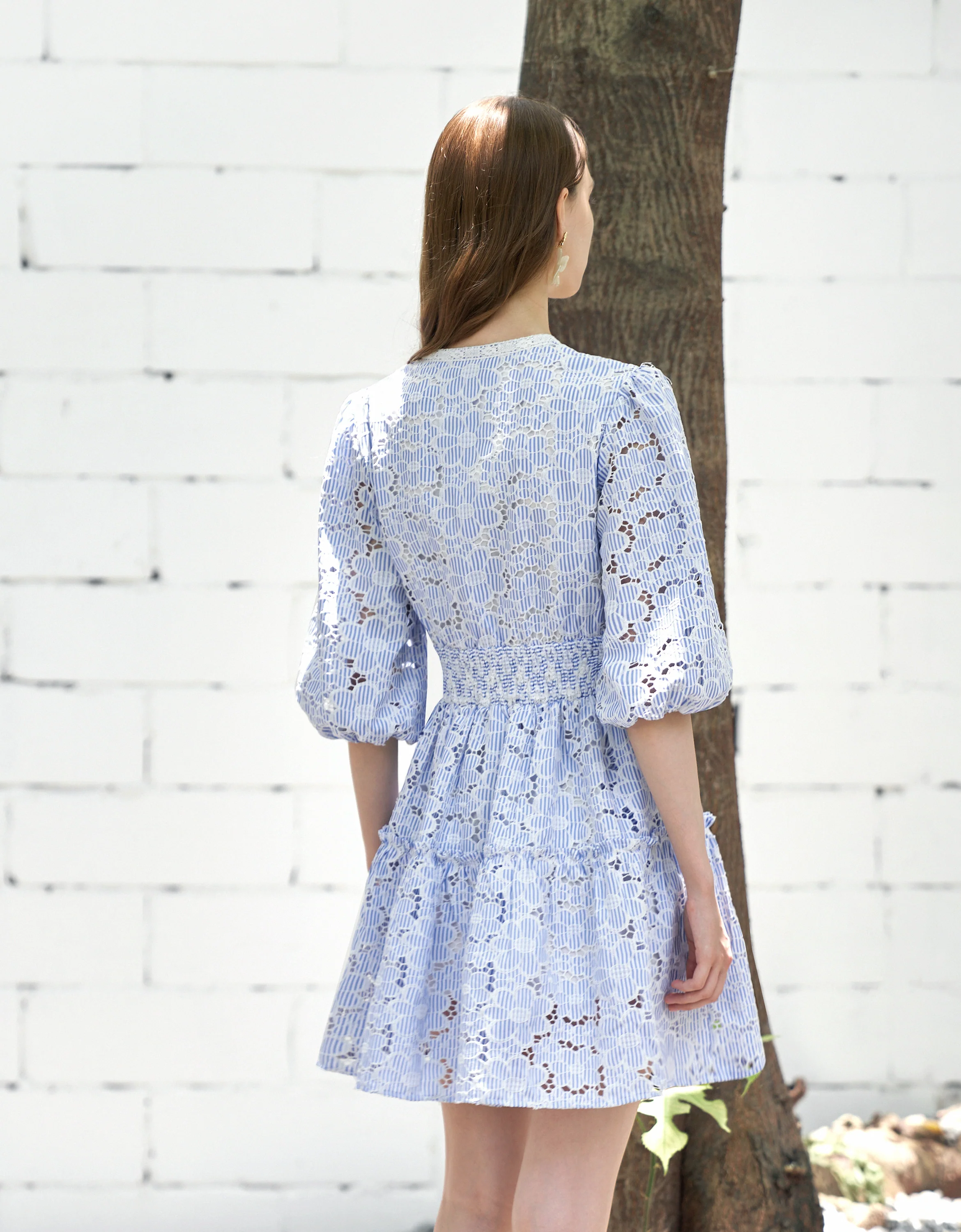 Striped Floral Embroidery V-neck Dress - Image 9