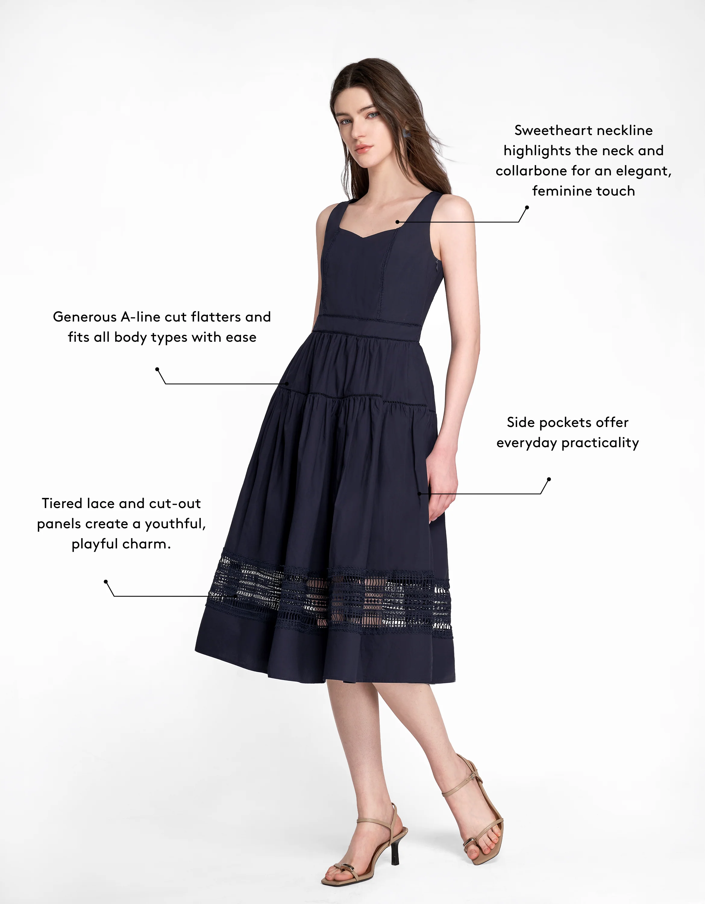 Sweetheart Neck Lace Trim Tiered Midi Dress - Image 6