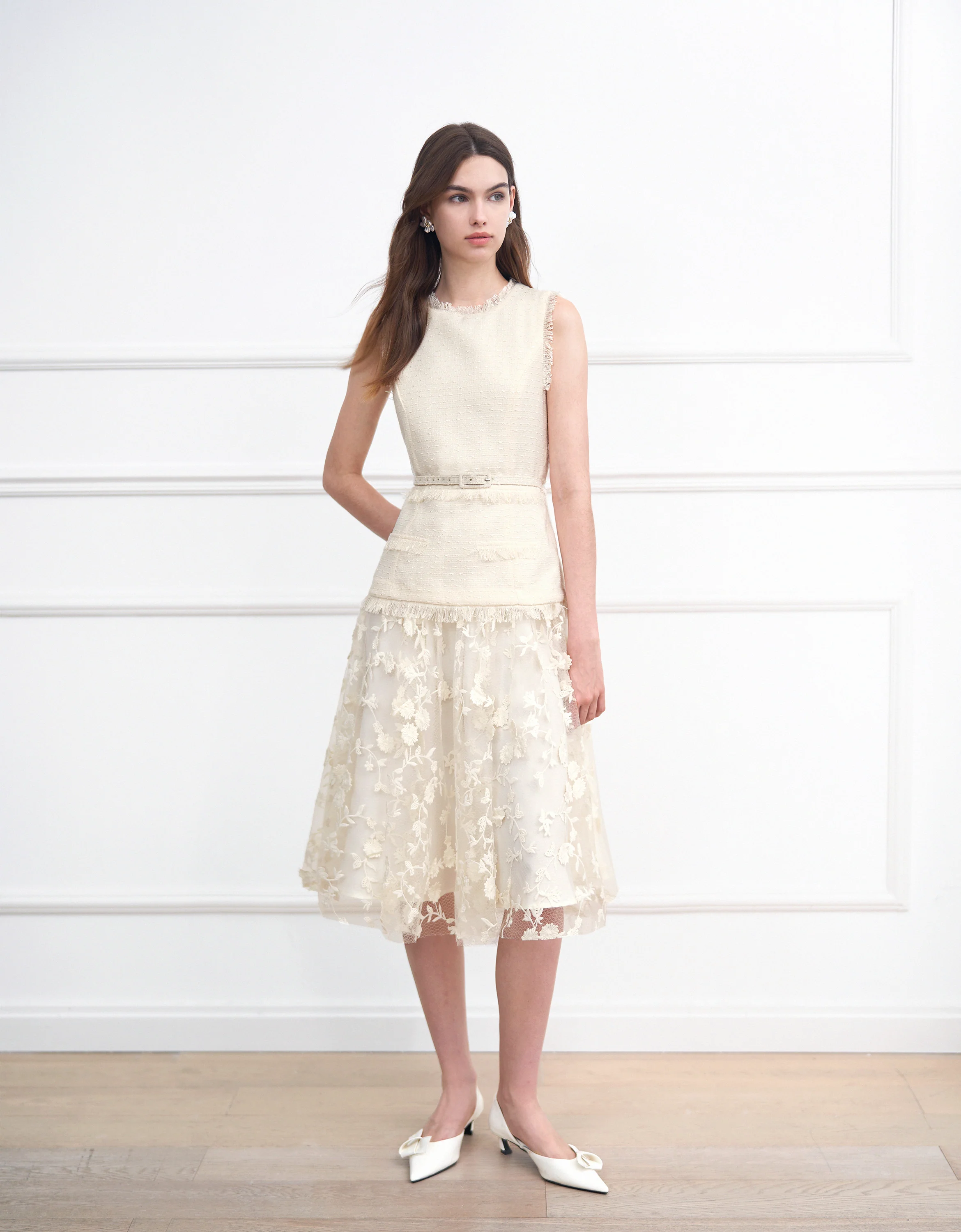 Tweed Bodice Semi Sheer Pleated Bottom Dress