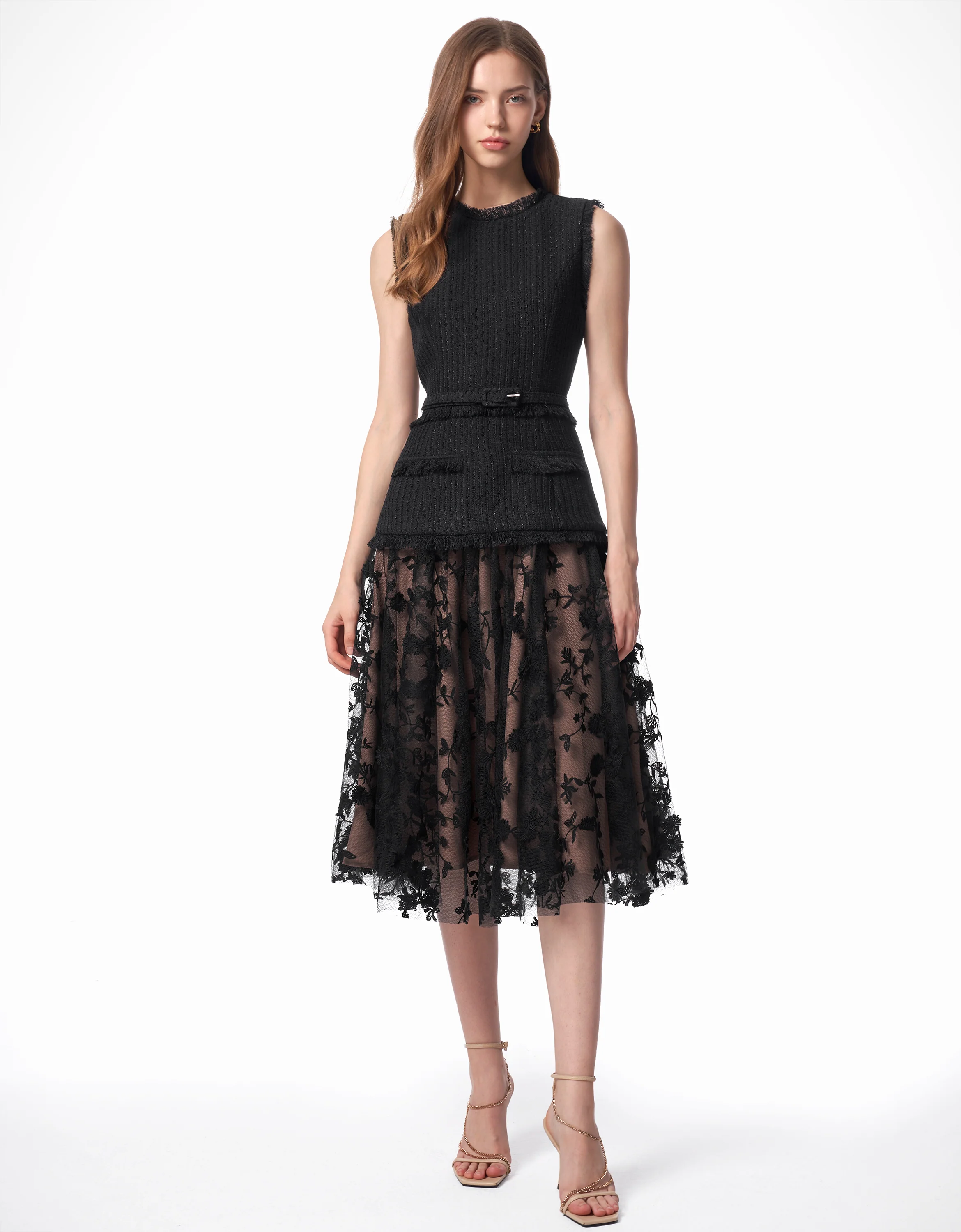 Tweed Bodice Semi Sheer Pleated Bottom Dress - Image 10