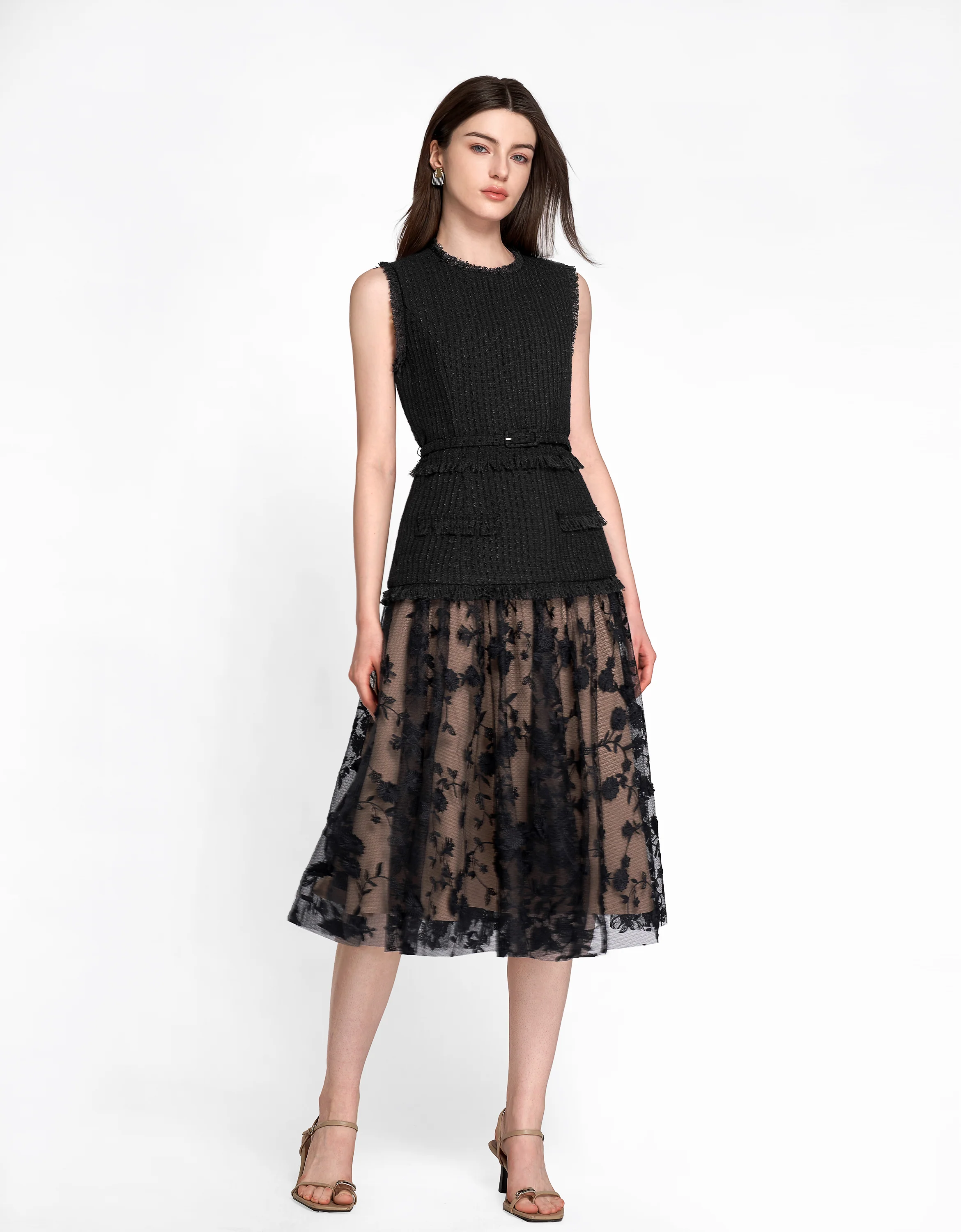 Tweed Bodice Semi Sheer Pleated Bottom Dress - Image 14