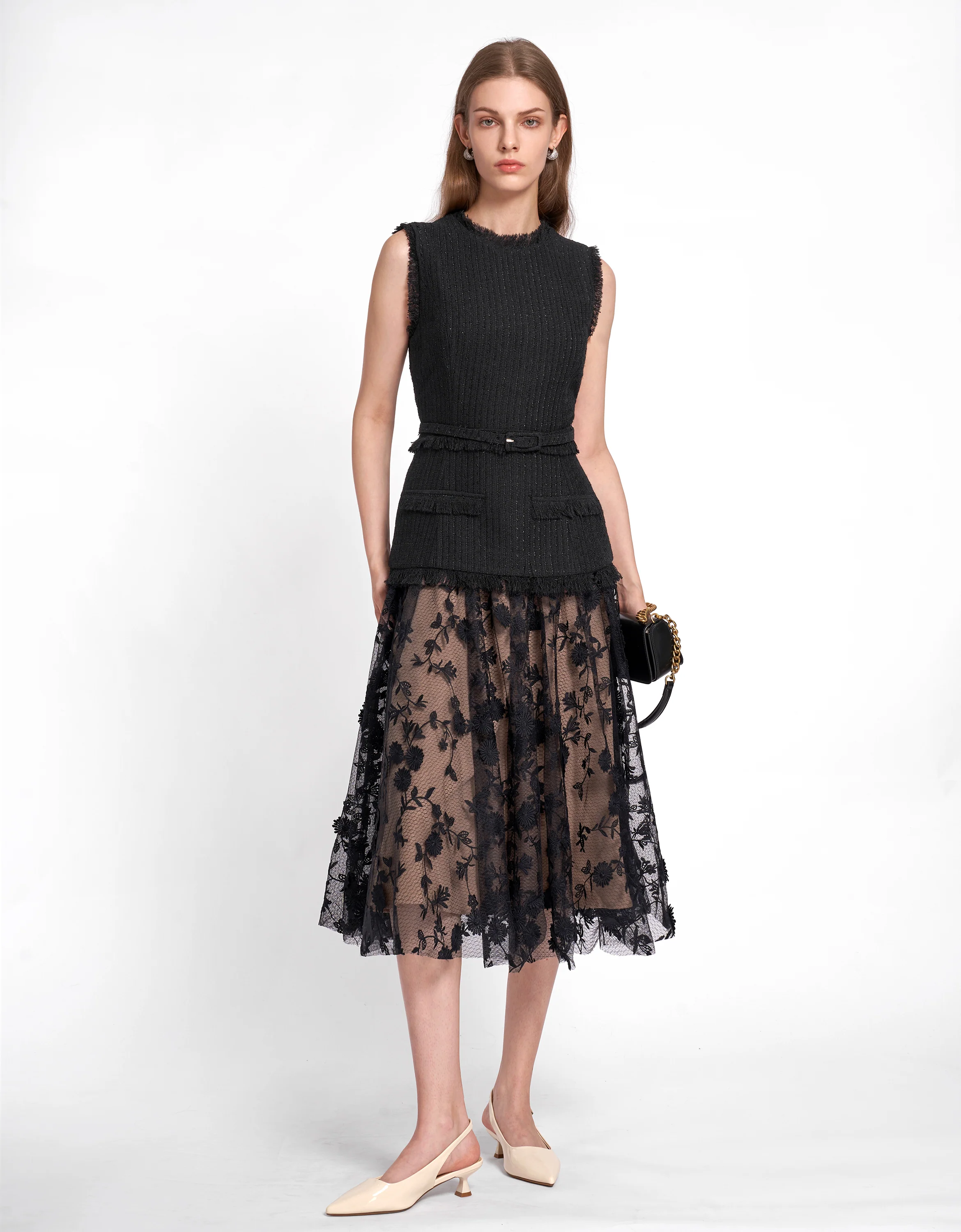 Tweed Bodice Semi Sheer Pleated Bottom Dress - Image 17