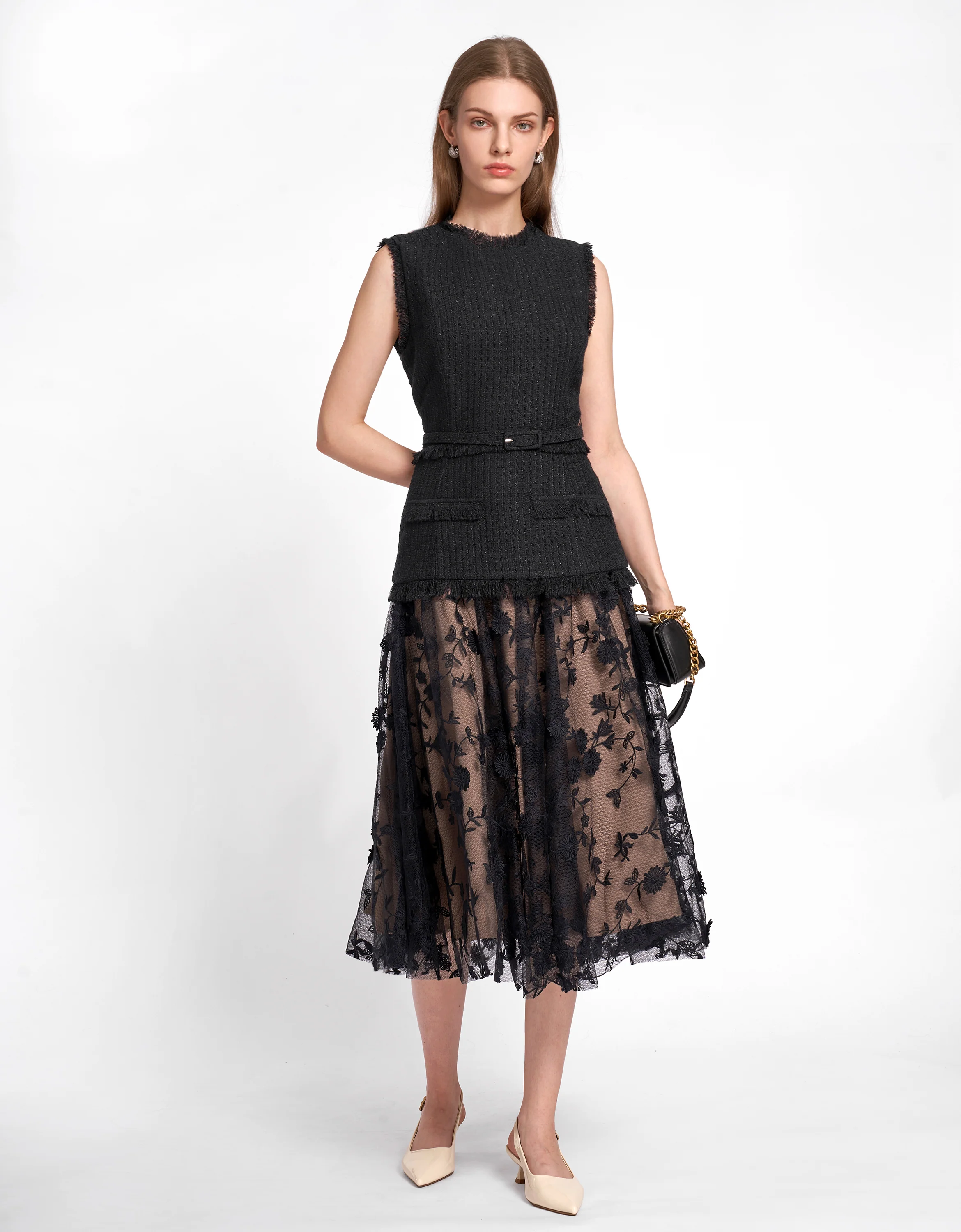 Tweed Bodice Semi Sheer Pleated Bottom Dress - Image 18