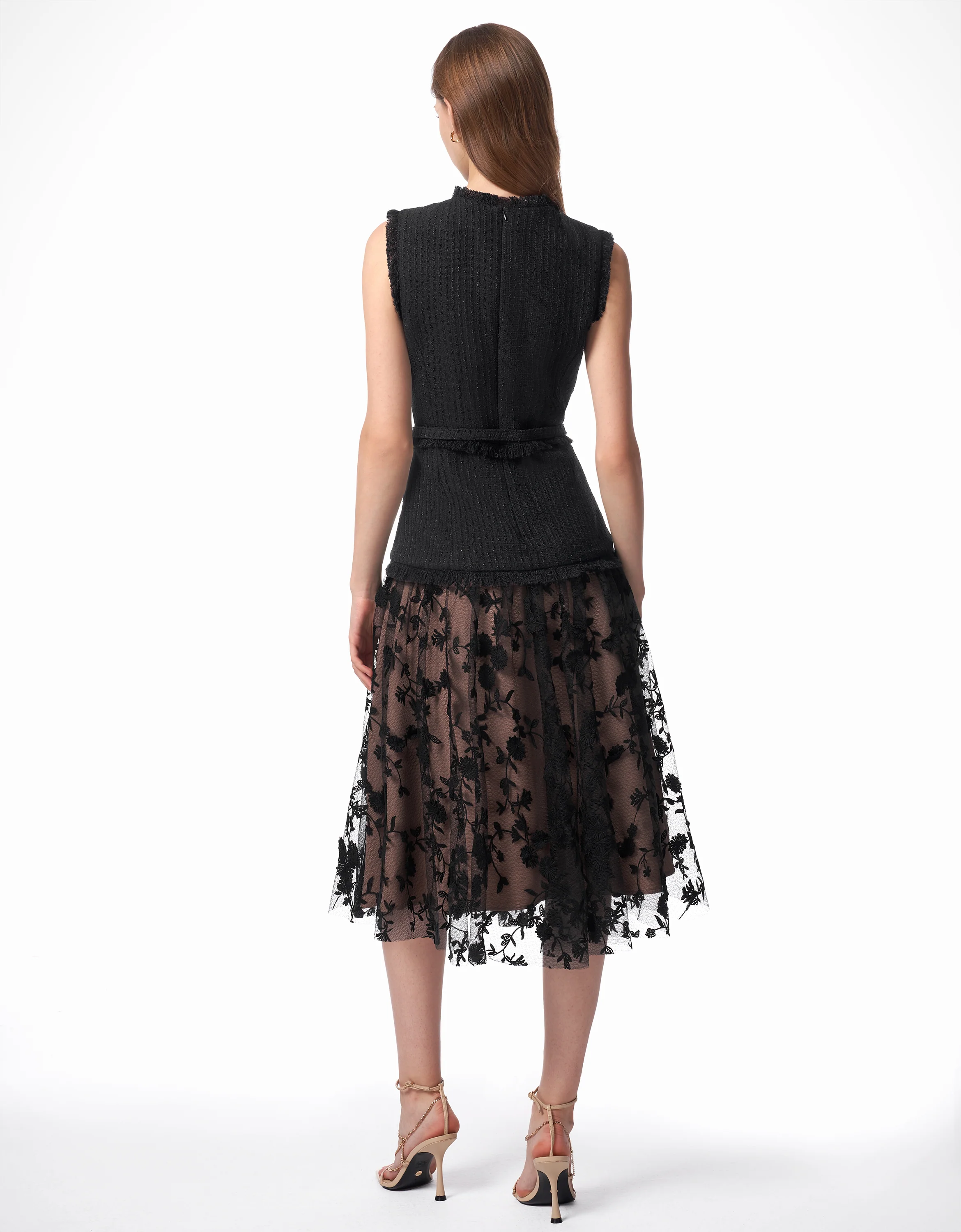 Tweed Bodice Semi Sheer Pleated Bottom Dress - Image 19