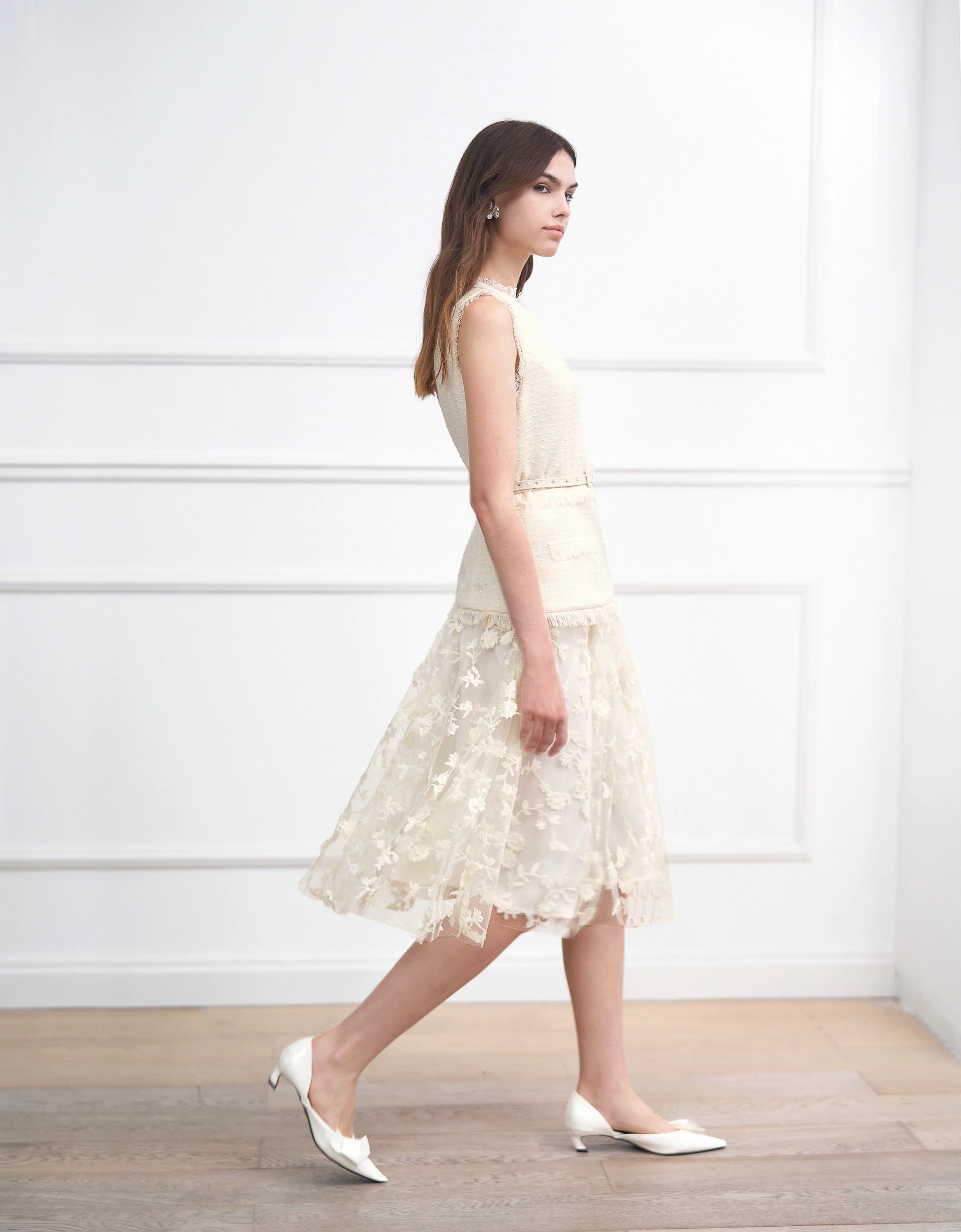 Tweed Bodice Semi Sheer Pleated Bottom Dress - Image 2