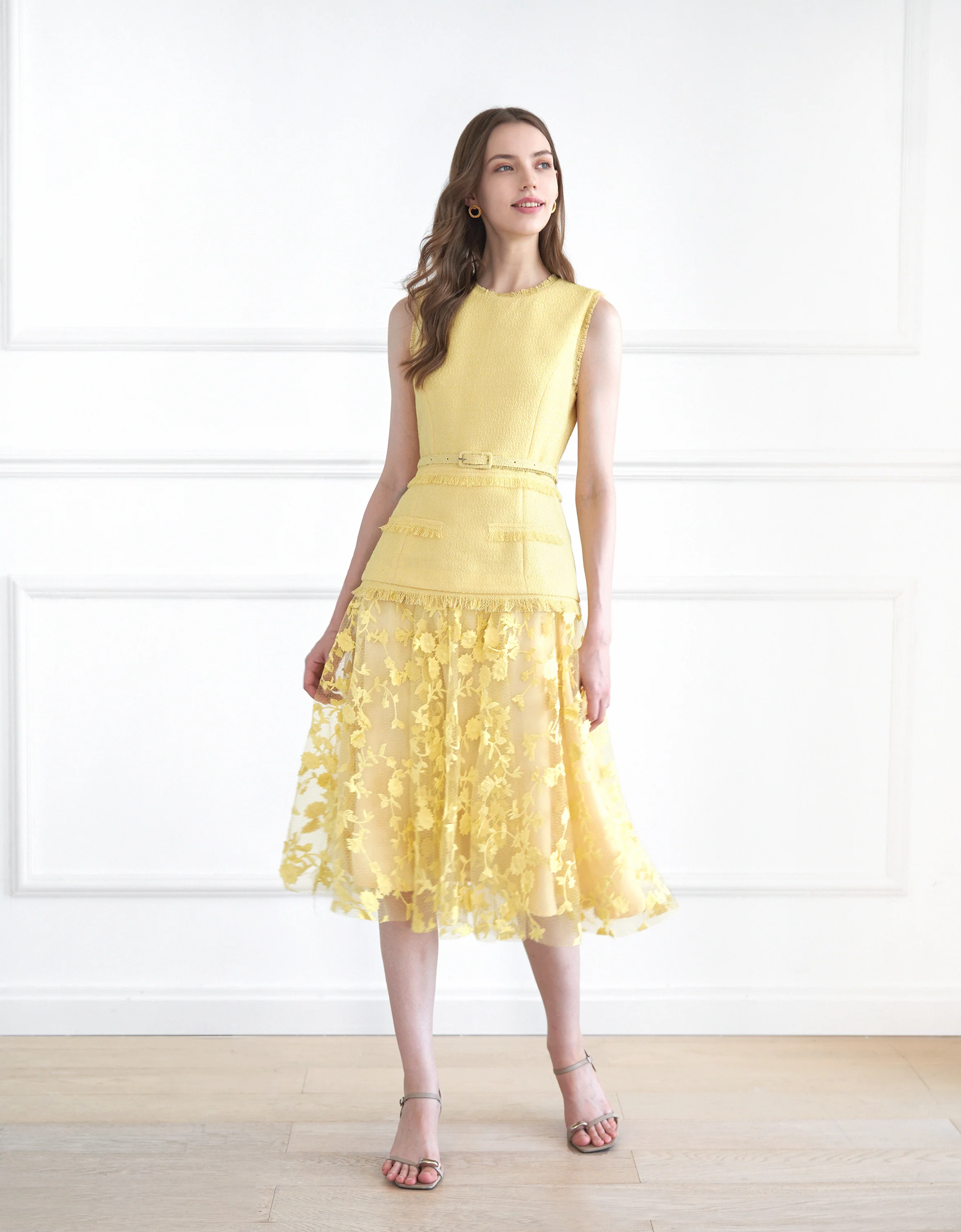 Tweed Bodice Semi Sheer Pleated Bottom Dress - Image 21