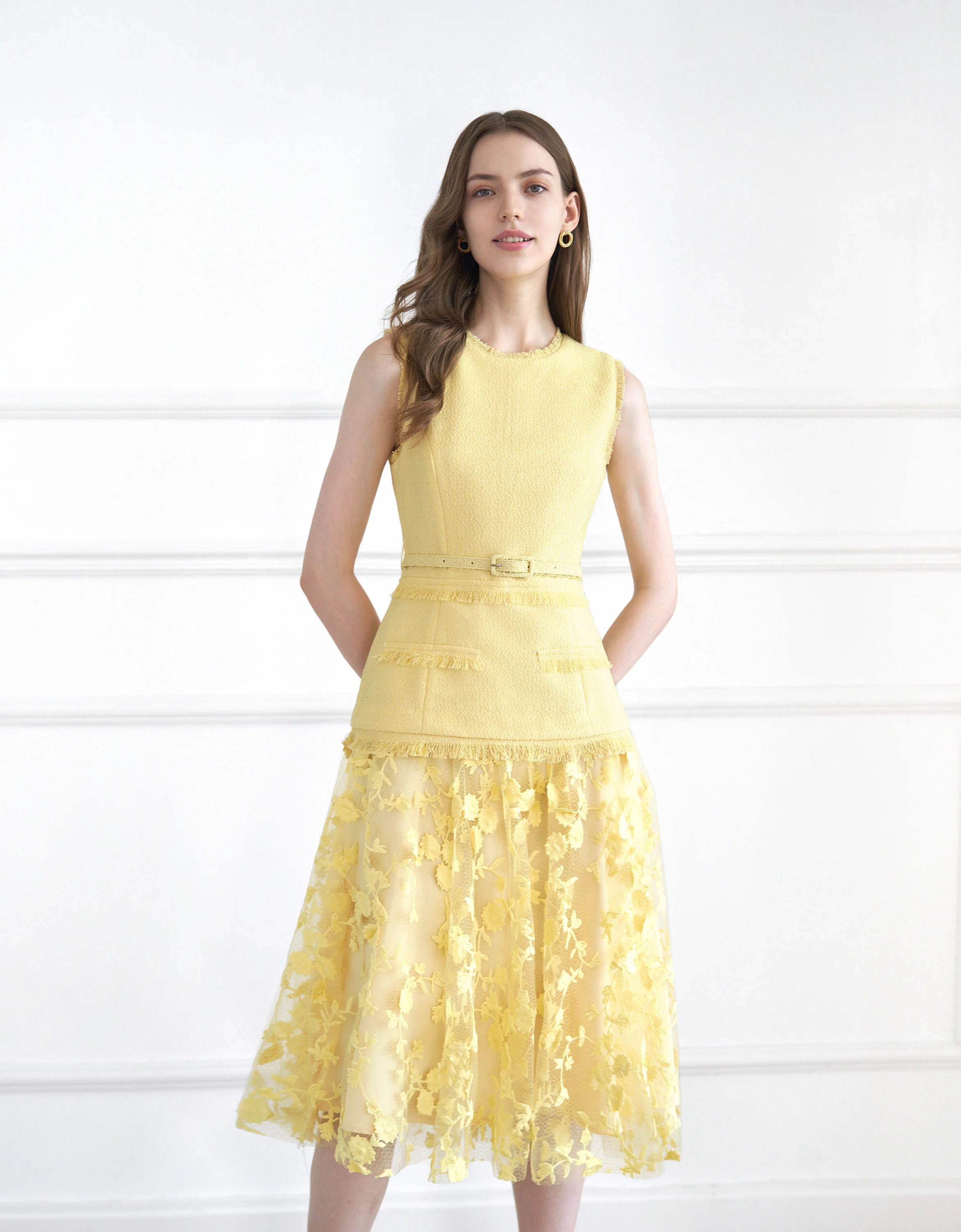 Tweed Bodice Semi Sheer Pleated Bottom Dress - Image 22
