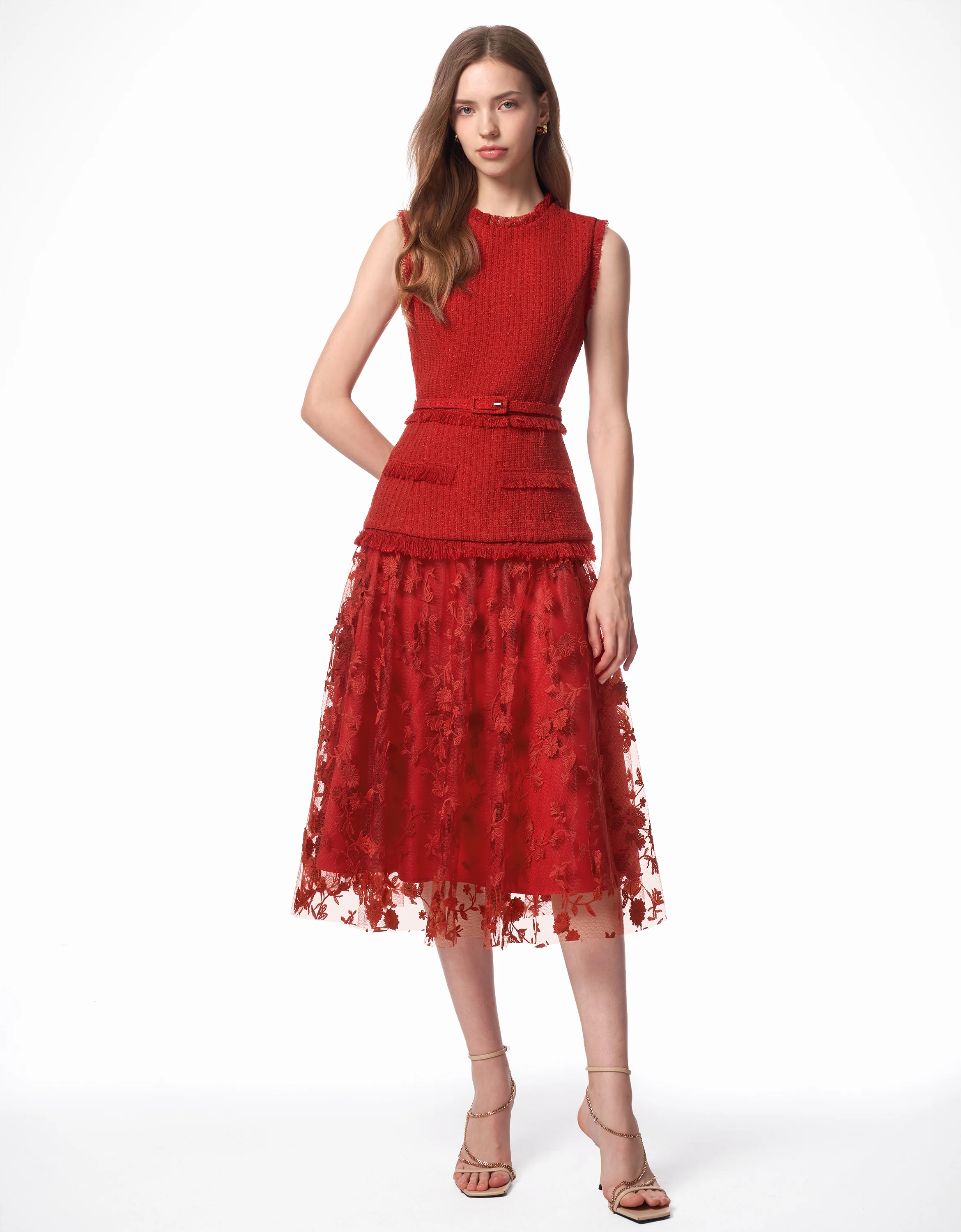 Tweed Bodice Semi Sheer Pleated Bottom Dress - Image 31