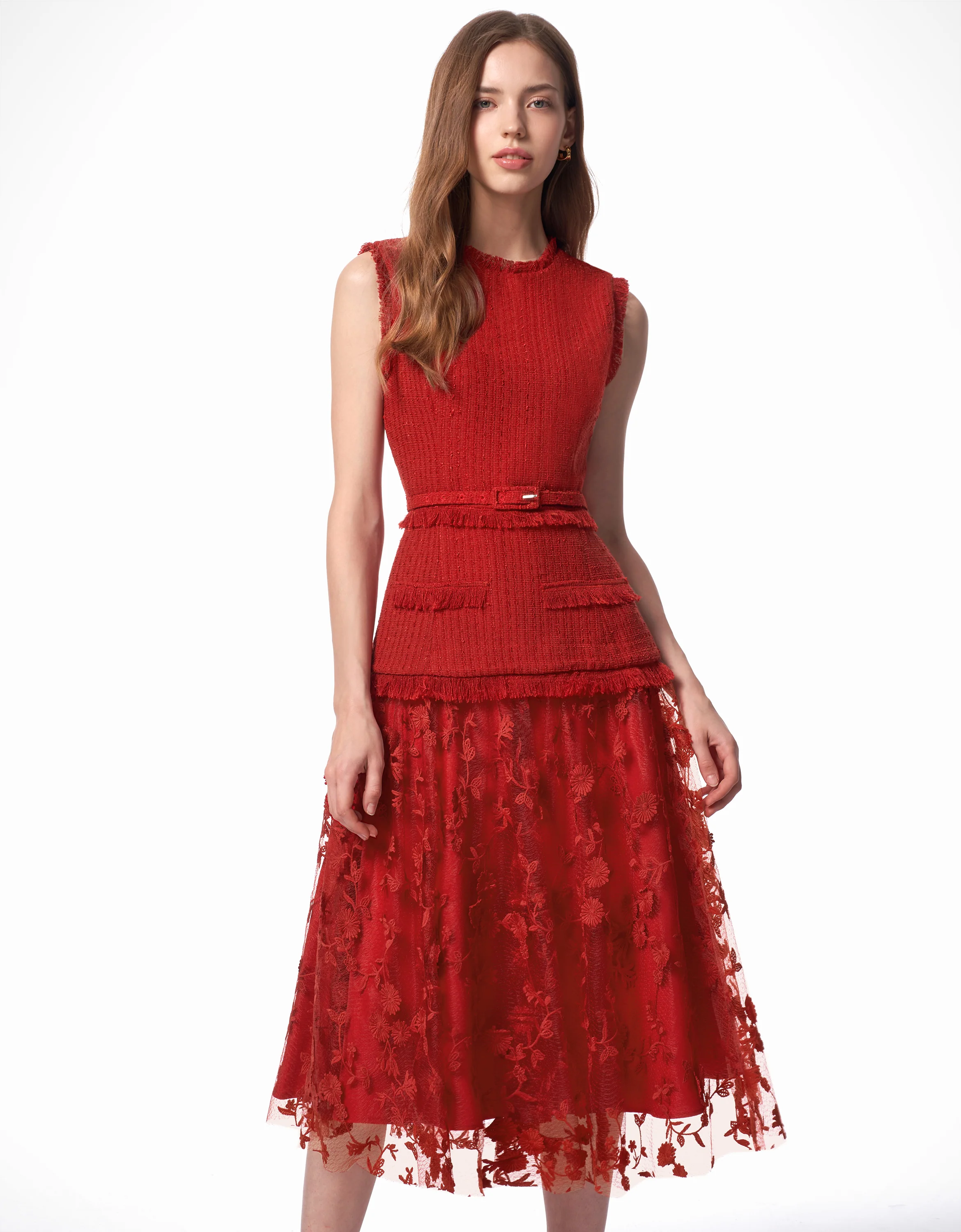 Tweed Bodice Semi Sheer Pleated Bottom Dress - Image 32