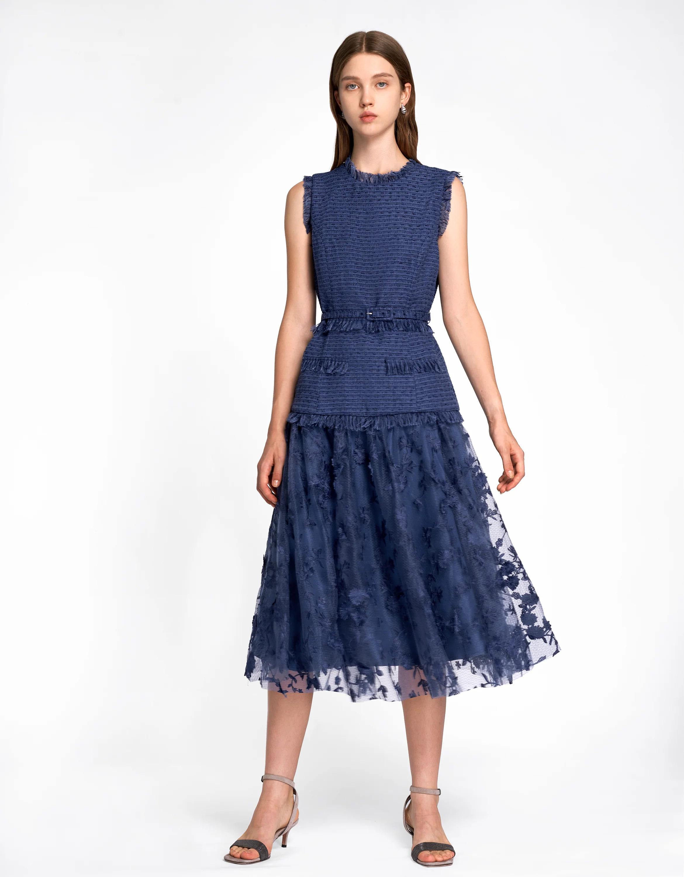 Tweed Bodice Semi Sheer Pleated Bottom Dress - Image 35
