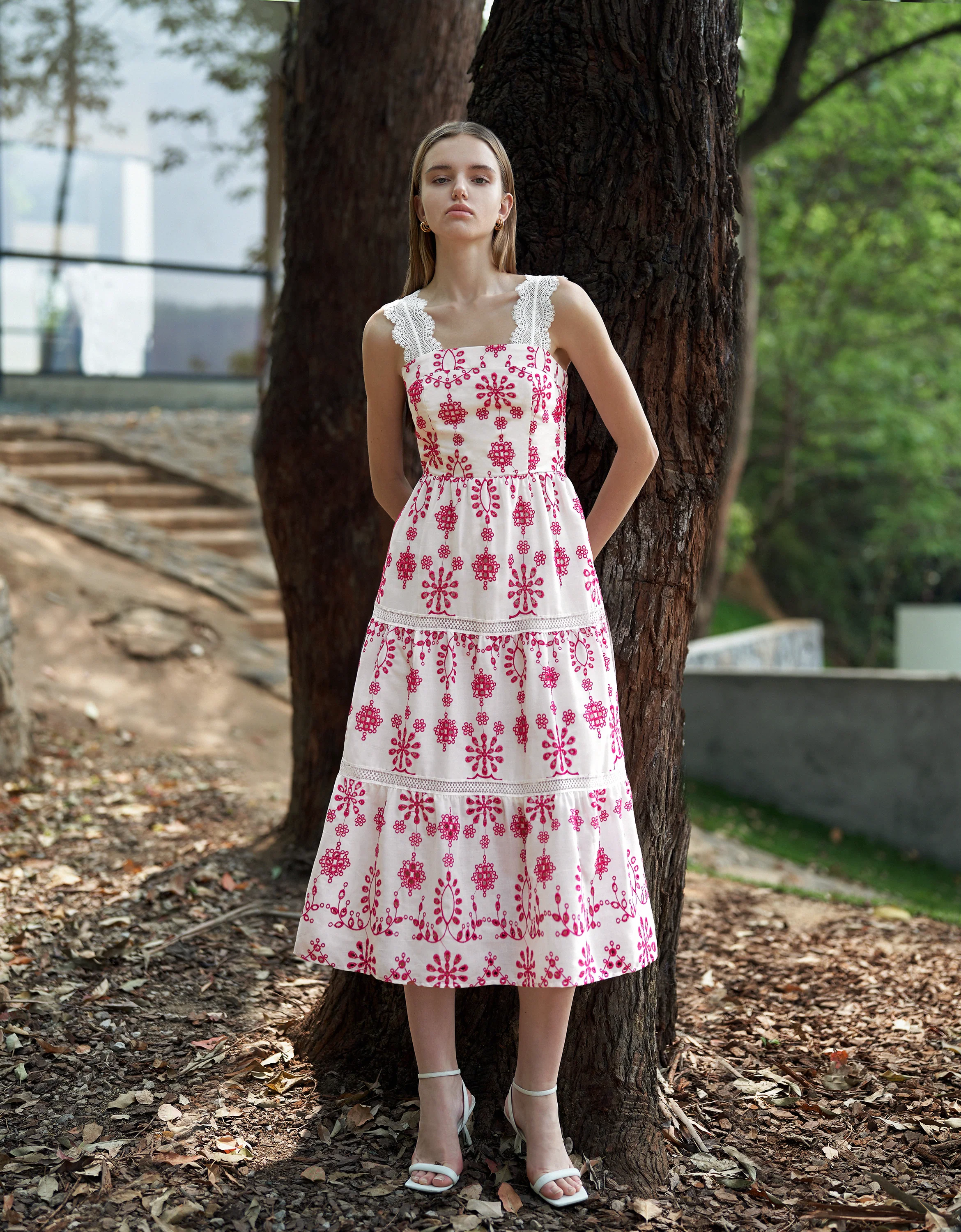 Two-tone Embroidered Midi Strap Dress