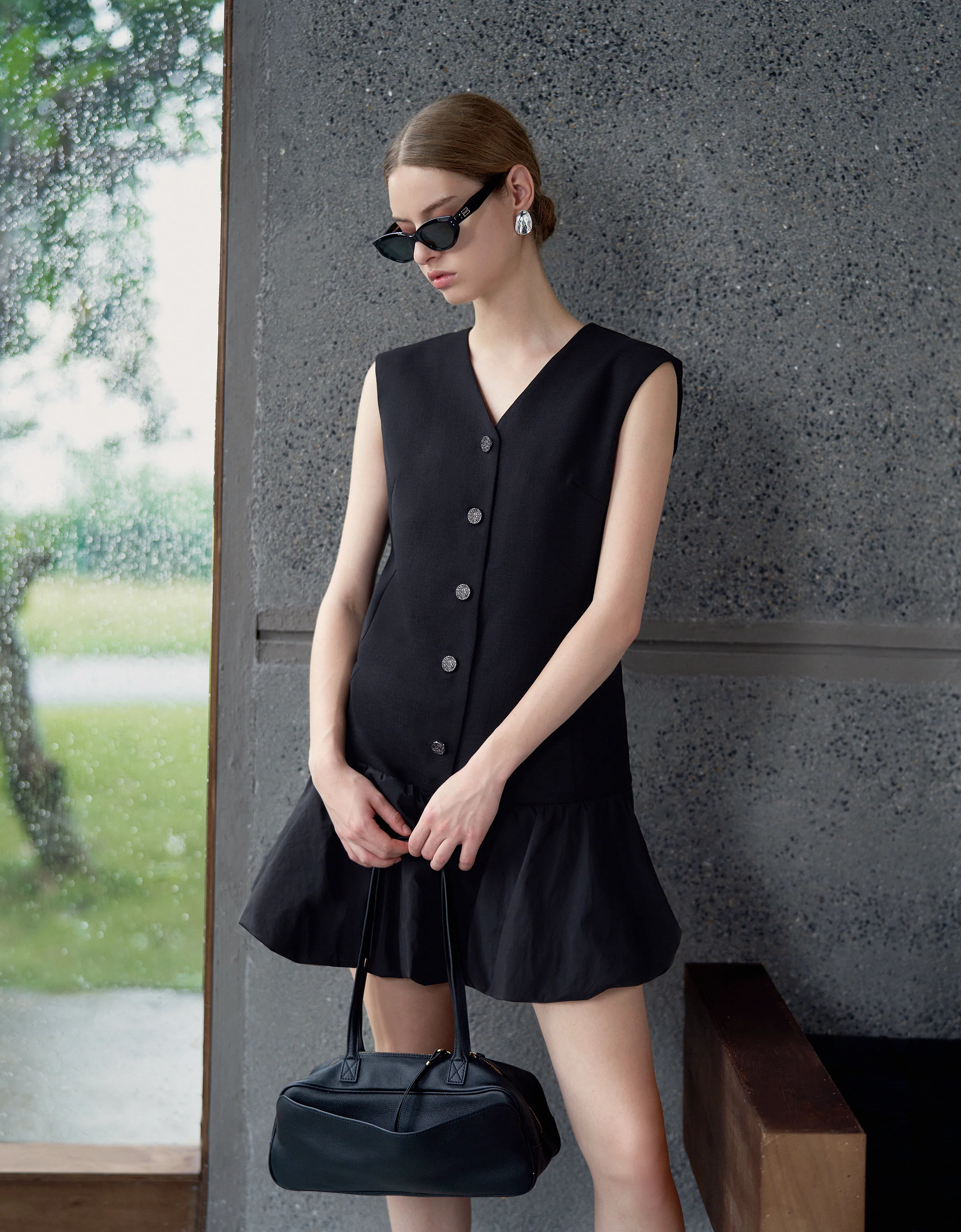 V-neck Button Front Bubble Hem Dress