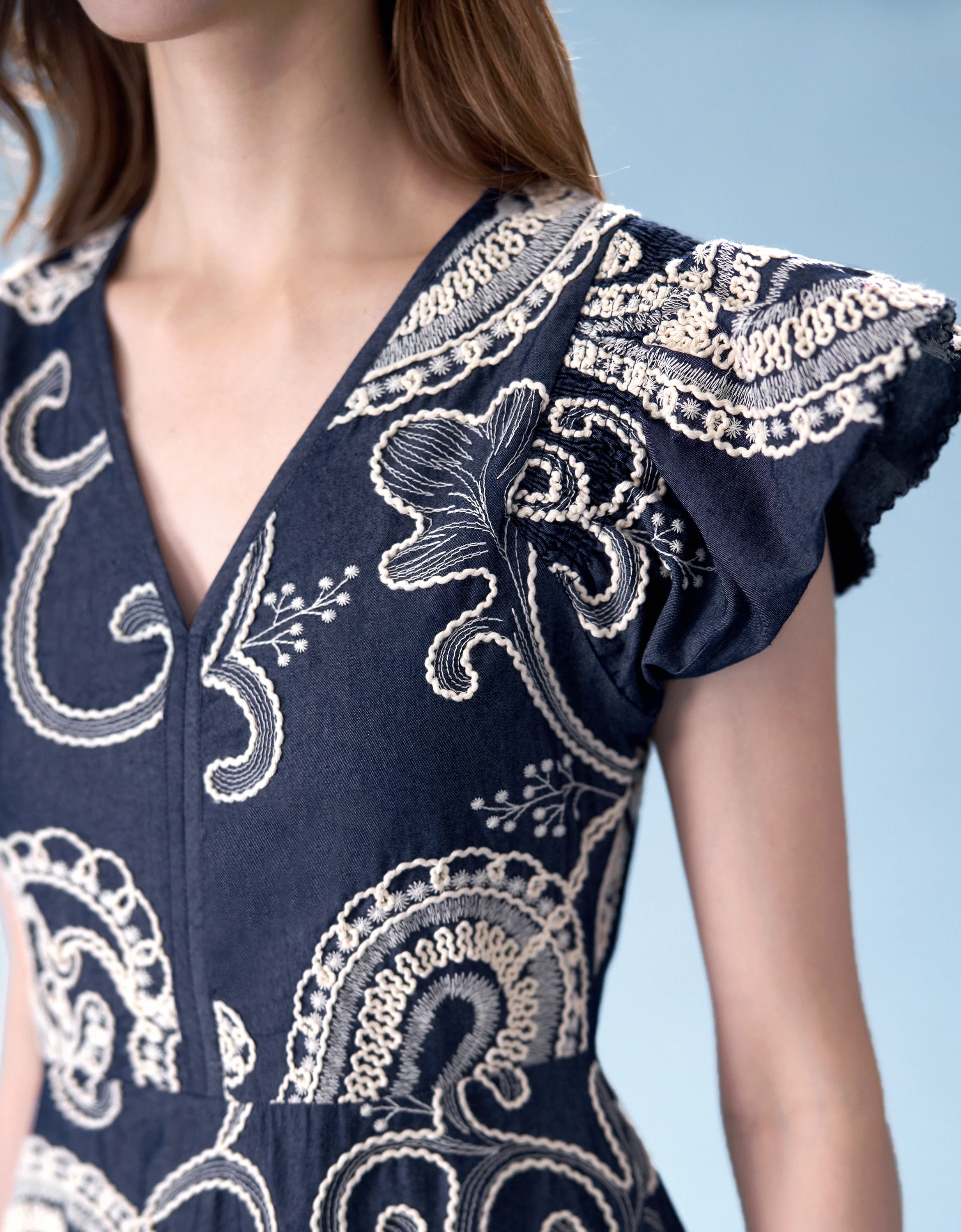 V-neck Embroidered Denim Dress - Image 8