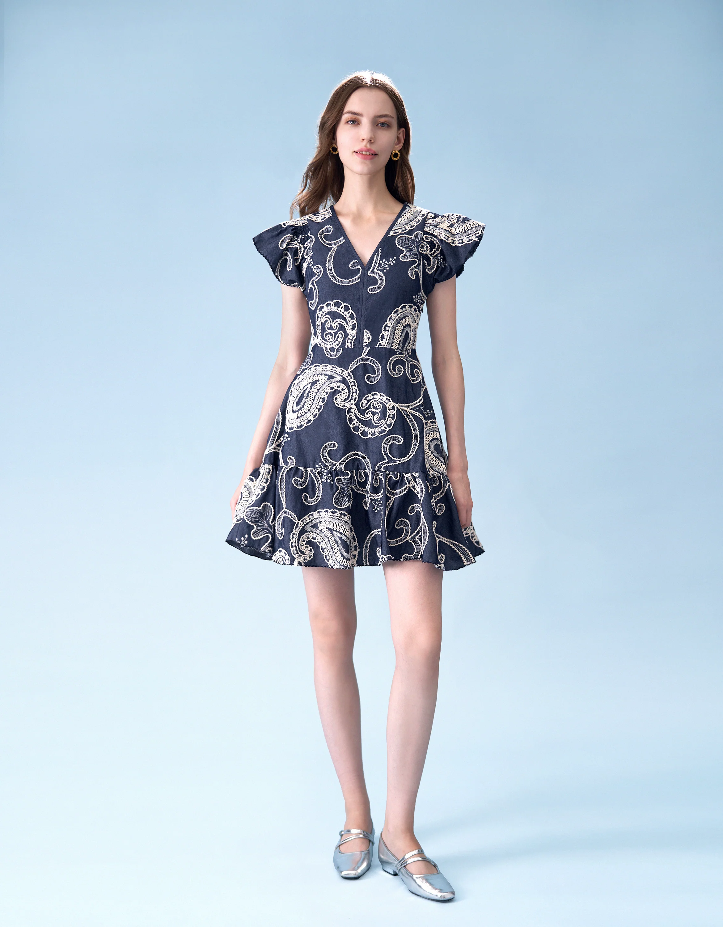 V-neck Embroidered Denim Dress - Image 9