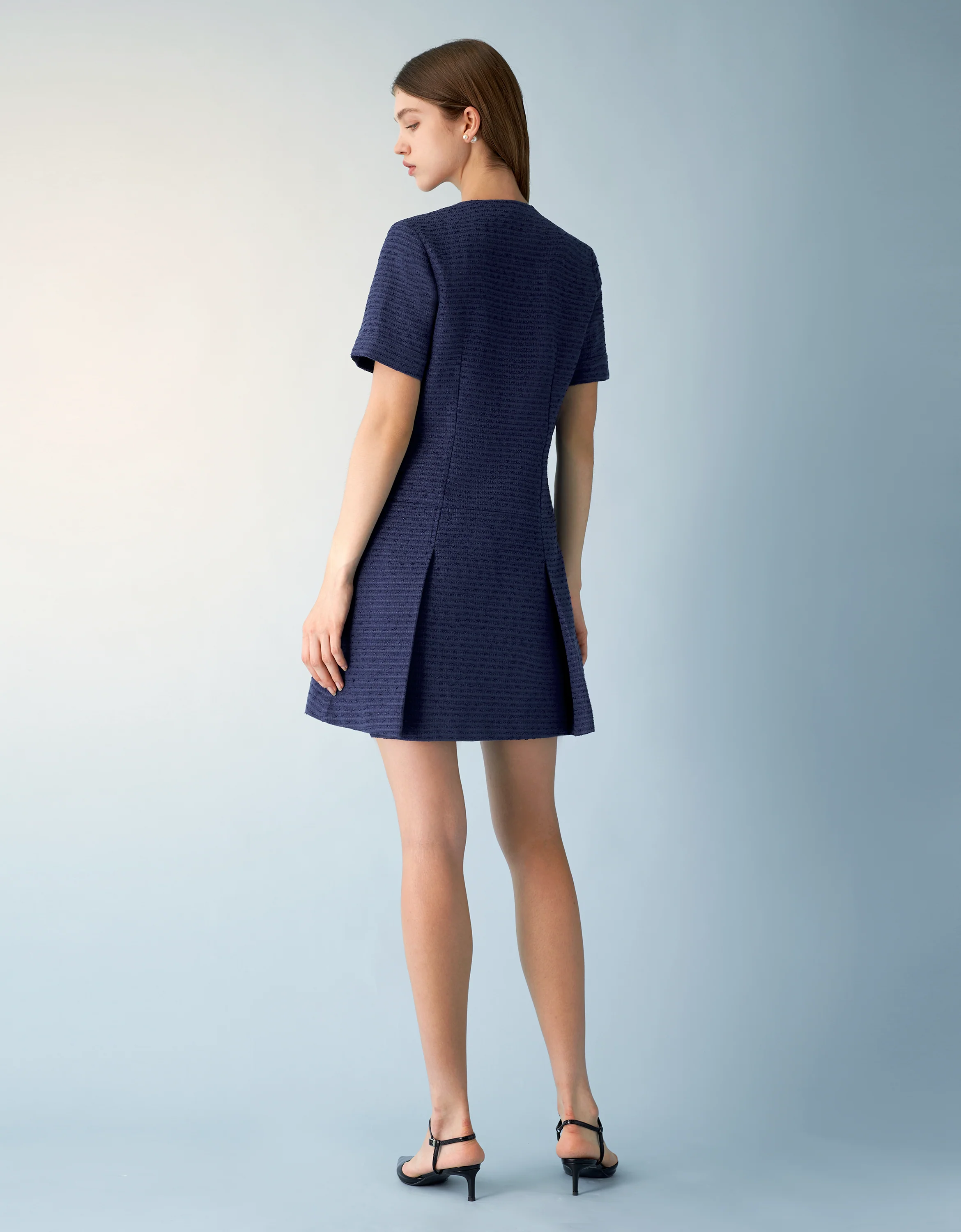 V-neck Pleated Hem Tweed Dress - Image 3
