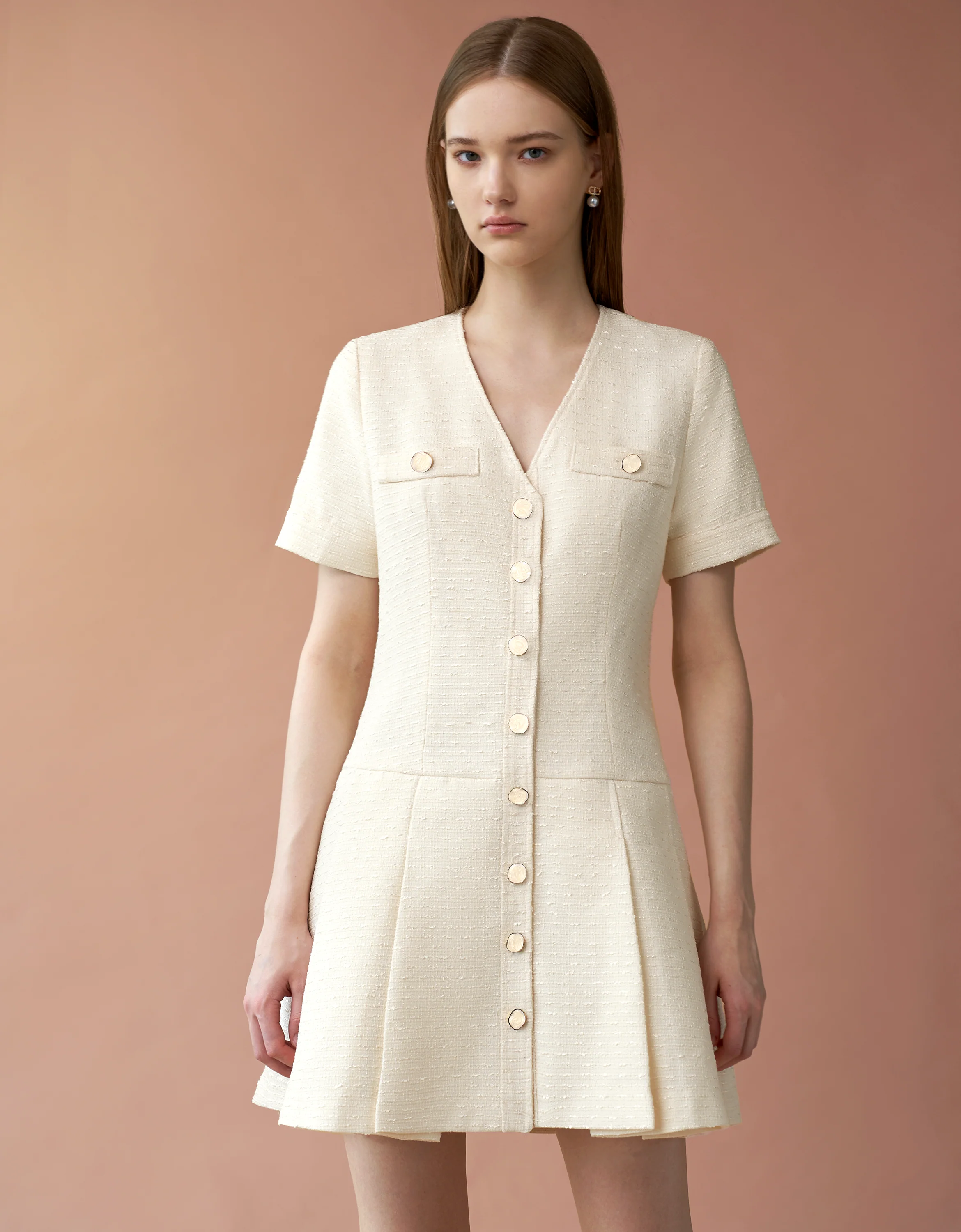 V-neck Pleated Hem Tweed Dress - Image 6