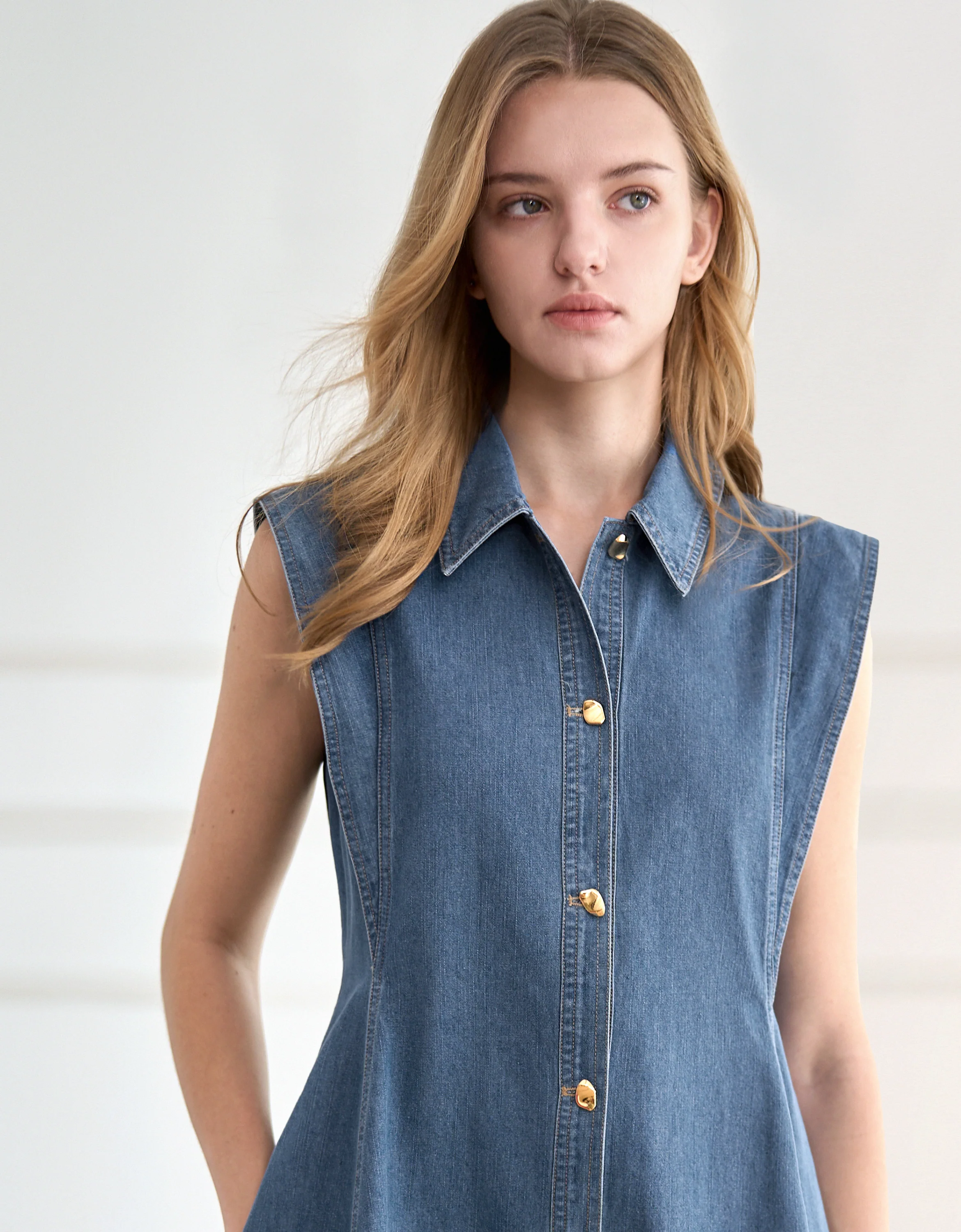 Wide Shoulder Button Front Denim Dress - Image 2