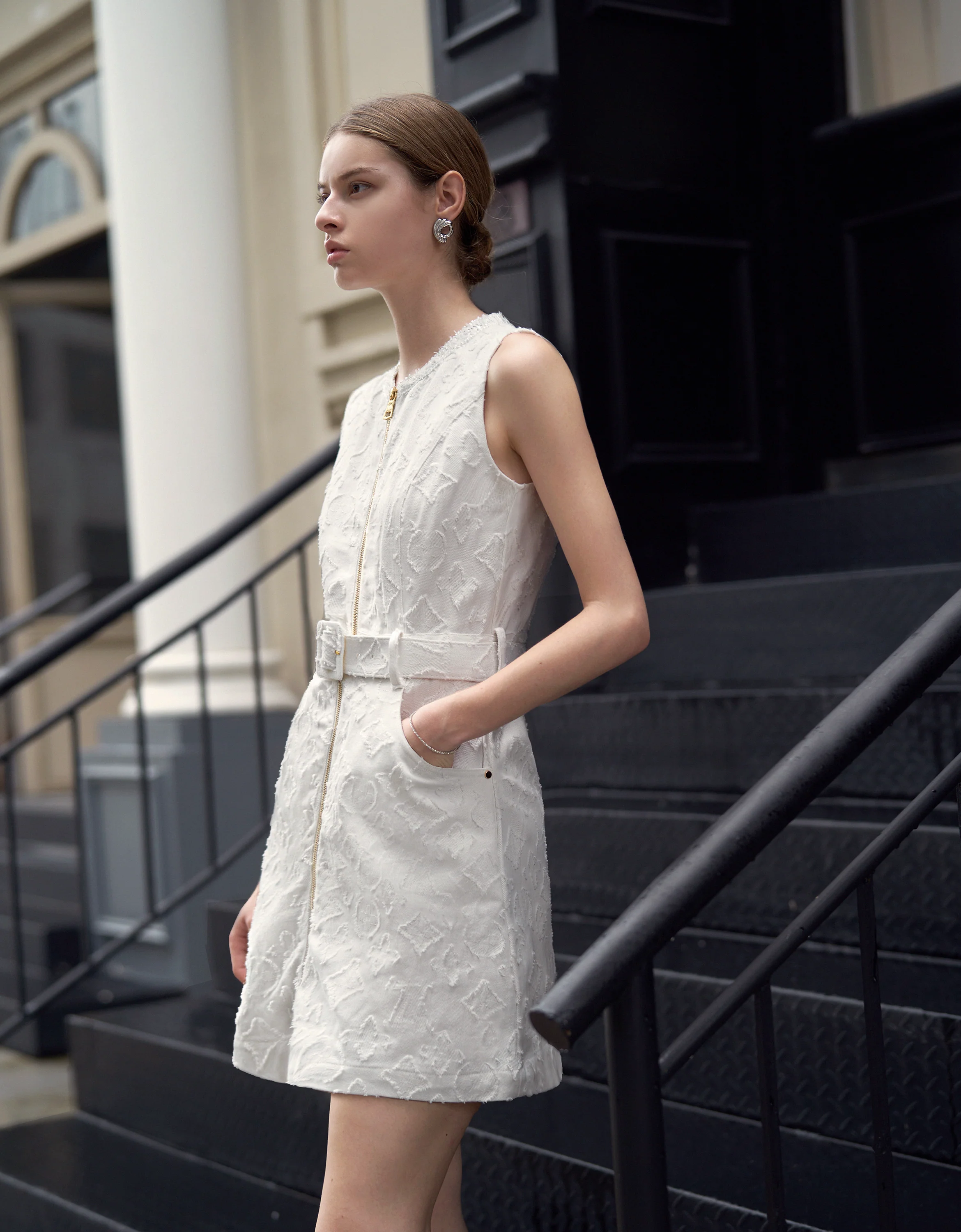 Zip Up Belted Jacquard Dress